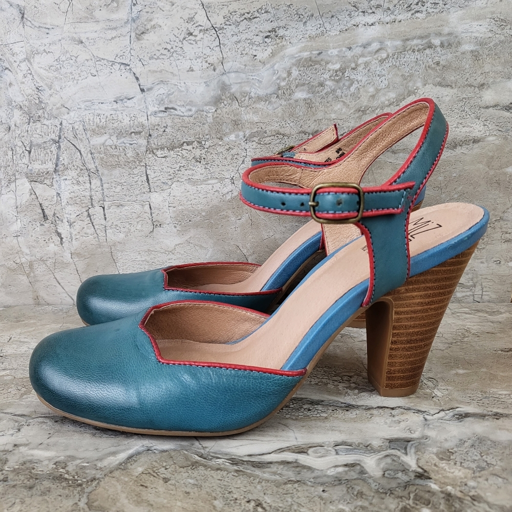 Miz Mooz Women's 9 Nantes Blue Leather Retro Rockabilly Heels Shoe Pinup Pumps